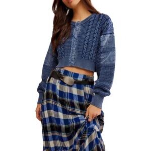 We The Free Blue Cable Knit Heritage Cardigan